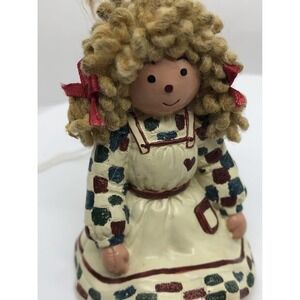 Girl Ornament Raffia Hair Patchwork Dress Christmas Doll 3" *frayed hanging loop
